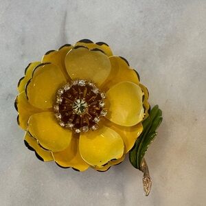 Vintage Yellow Enamel Flower Brooch with Rhinestone Center